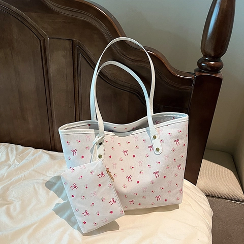 Women Floral Bow Print Tote Bag And Pouch PU Leather Large Capacity Shoulder Bag Casual Commuter Sweet Handbag