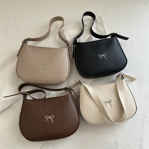 Fashion Bow PU Leather Shoulder Bag For Women Minimalist Crescent Hobo Bag Solid Color Casual Everyday Small Square Bag