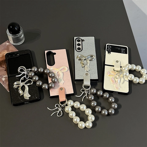 Elegant Bowknot Artificial Pearl Handle Strap Phone Case Faux Leather Folding Screen Protective Cover For Samsung Galaxy Z Flip