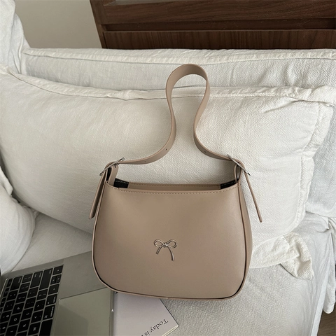 Women Underarm Hobo Bag PU Leather Silver Metal Bow Retro Elegant Shoulder Bag Adjustable Strap Summer Fashion