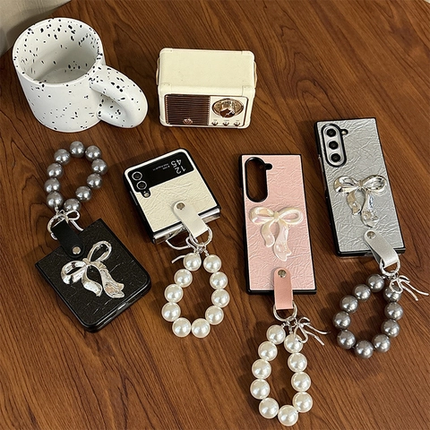 Elegant Bowknot Artificial Pearl Handle Strap Phone Case Faux Leather Folding Screen Protective Cover For Samsung Galaxy Z Flip