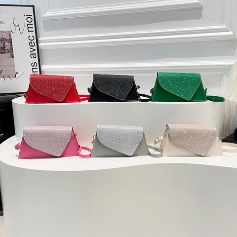 Women Crossbody Bag PU Leather Fabric Glitter Sequin Flap Geometric Trapezoid Shoulder Bag Elegant Party Handbag