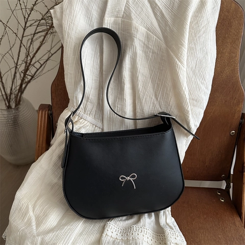 Bolso de Hombro de Cuero PU Retro Francés para Mujer Moda Lazo Decoración Bolso de Axila Elegante Color Sólido Bolso de Mano para Conmutar