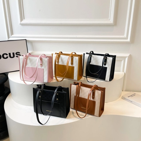 Bolso Tote De Mujer De Cuero PU Con Patrón De Cuadros Gran Capacidad Color En Contraste Bolso De Mano Hombro Con Cremallera