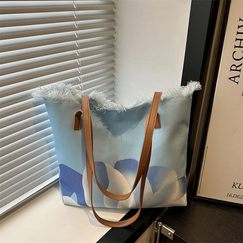 Canvas Tote Bag Große Kapazität Lotus Print Fransen Tassel Kanten Kunstleder Griff Umhängetasche Damen Alltag Reise