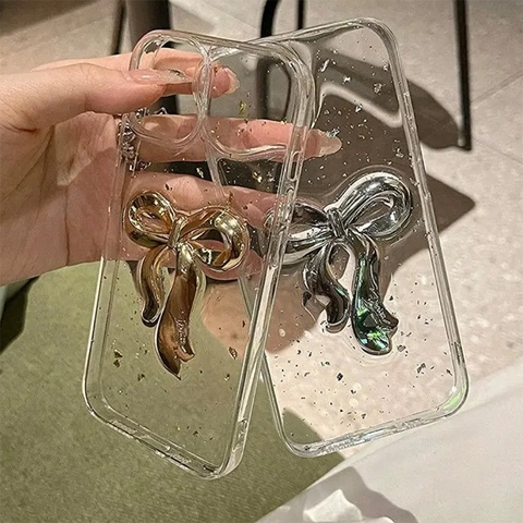 Funda Para Teléfono iPhone Lazo Metálico 3D Lámina Metálica TPU Transparente Carcasa Protectora Antigolpes Lujo Moda
