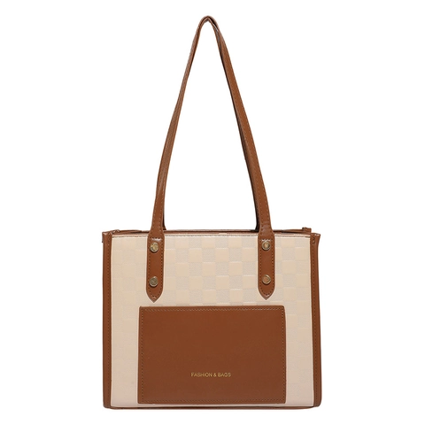 Borsa Tote Da Donna Colore A Contrasto Pelle PU Motivo A Scacchi Grande Capacità Borsa A Tracolla Per Pendolarismo Moda