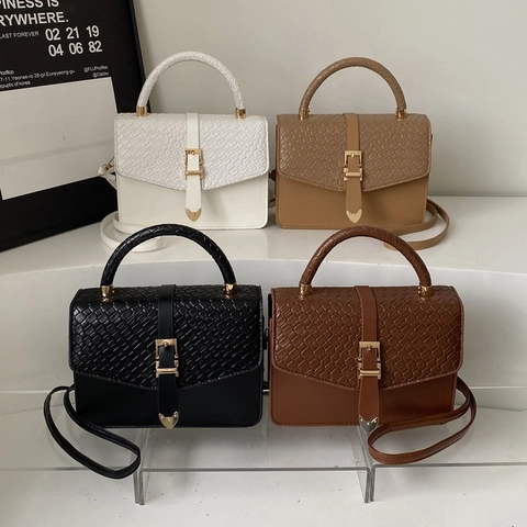 Borsa a Tracolla Quadrata con Patta Intrecciata da Donna Minimalista in Pelle PU Borsa a Mano con Fibbia Dorata Borsa Versatile