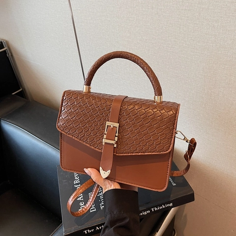 Bolso Cuadrado De Cuero PU Para Mujer Con Solapa De Textura Tejida Asa Superior Correa De Hombro Ajustable Bolso De Moda