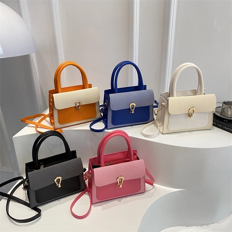 Patchwork PU Leather Woven Handbag Women Retro Color Block Crossbody Bag Golden Metal Lock Top Handle Trendy Shoulder Bag