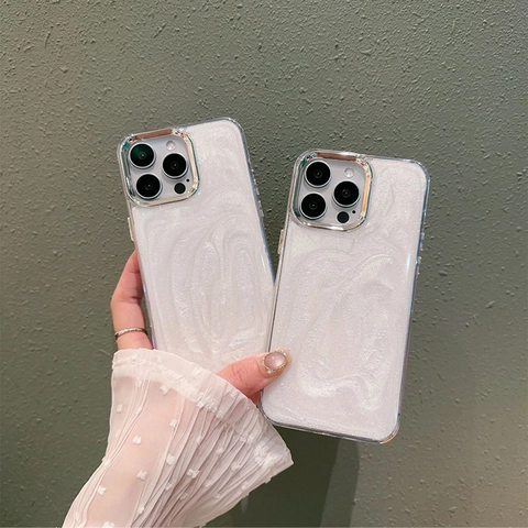 Artificial Pearl White Glitter Phone Case Electroplated Lens Frame TPU Soft Shockproof Luxury Elegant Protective Shell For Women