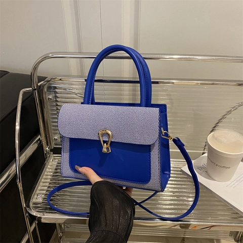 Patchwork PU Leather Woven Handbag Women Retro Color Block Crossbody Bag Golden Metal Lock Top Handle Trendy Shoulder Bag