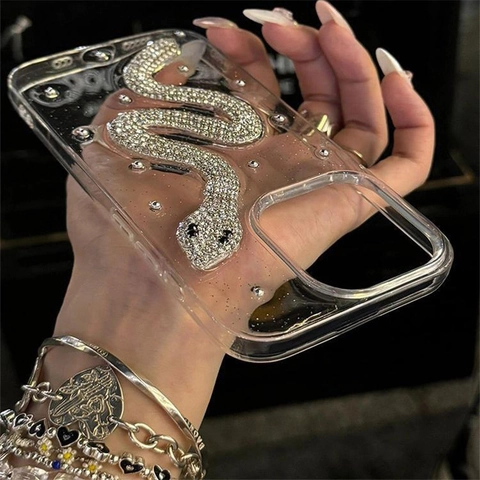 Funda Para Teléfono De Serpiente Con Cristales Brillantes Purpurina Transparente TPU Carcasa Protectora Para iPhone Mujer Lujo