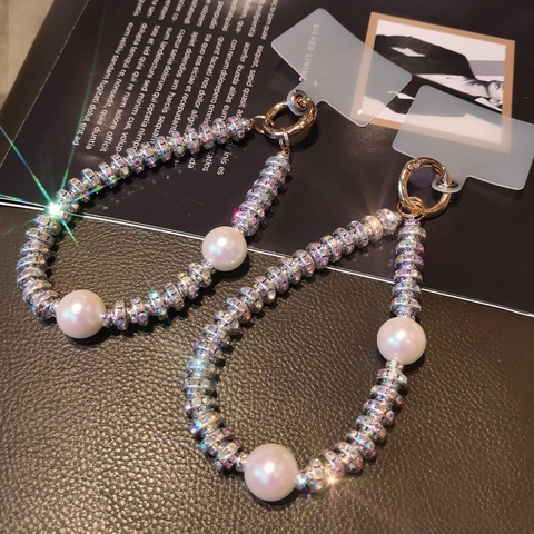 Artificial Pearl Rhinestone Phone Lanyard Hand Strap With Transparent Patch Luxury Alloy Faux Artificial Pearl Keychain Women Elegant Charm