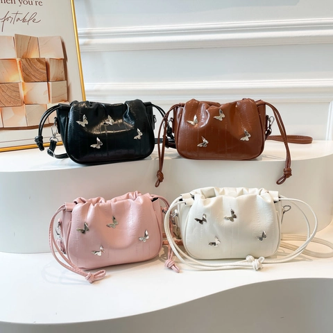 Butterfly Wrinkled Cloud Shoulder Bag PU Leather Metal Decor Drawstring Crossbody Trendy Y2K Style For Women