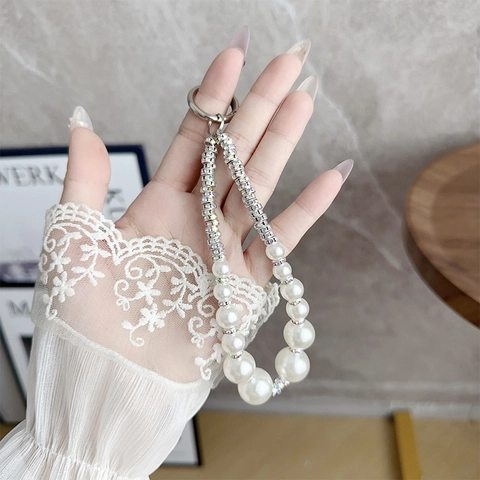 Artificial Pearl Rhinestone Phone Lanyard Hand Strap With Transparent Patch Luxury Alloy Faux Artificial Pearl Keychain Women Elegant Charm