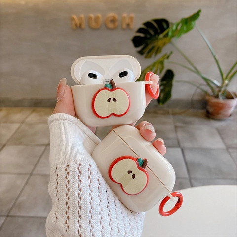 Custodia Per Auricolari In Silicone Con Motivo A Mela Cover Protettiva Con Anello Di Sospensione Antiurto Crema Bianco