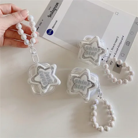 Sternförmige Transparente Kopfhörerhülle Glitzer Shiny Star Schutzhülle Mit Kunstperlen Armband Für Kabellose Ohrhörer