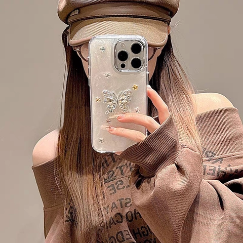 Butterfly Rhinestone Phone Case TPU Glitter Electroplated Protective Cover With Bead Chain Strap For IPhone Luxury Style