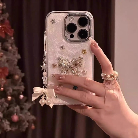 Butterfly Rhinestone Phone Case TPU Glitter Electroplated Protective Cover With Bead Chain Strap For IPhone Luxury Style