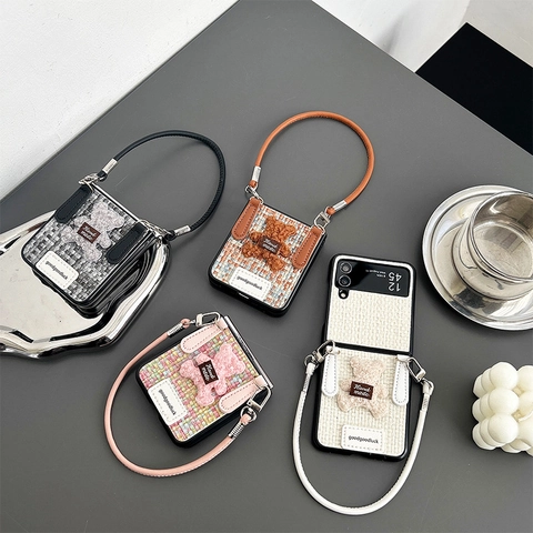 Funda Plegable Para Teléfono De Tweed Tejido Oso De Peluche Correa De Muñeca Antichoque
