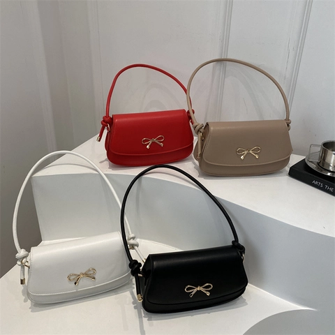 Women Crossbody Bag PU Leather Golden Bow Metal Buckle Elegant Flap Shoulder Handbag Chic Knot Strap Solid Color