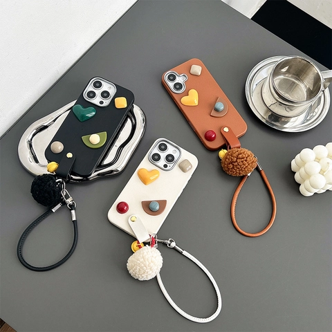 Custodia Per Telefono Chic Cuore Geometrico 3D Ecopelle TPU Anti-Caduta Con Pompon Campanellino Cinturino Per iPhone