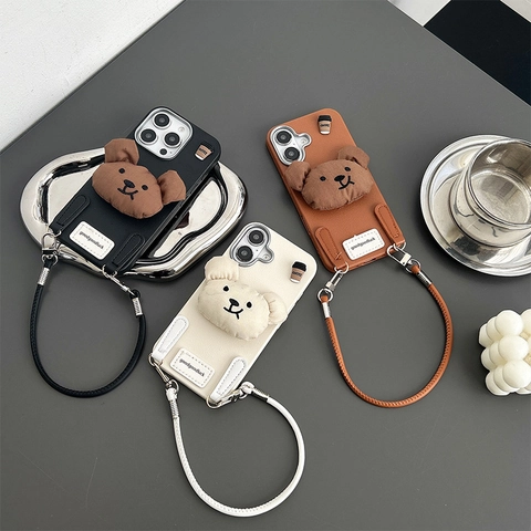 3D Plush Bear Head Phone Case With Hand Strap Faux Leather Shockproof Protective Cover For Women Cute Korean Style