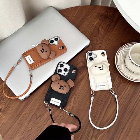 3D Plush Bear Head Phone Case With Hand Strap Faux Leather Shockproof Protective Cover For Women Cute Korean Style