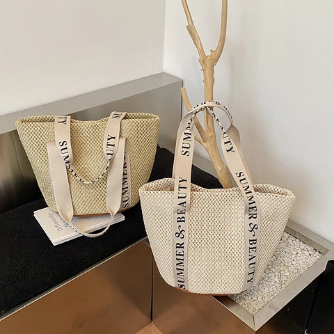 Stroh Weben Tote Bag Frauen Große Kapazität Handtasche Mit Sommer Schönheit Brief Druck Segeltuch Gurte Strand Urlaub Stil