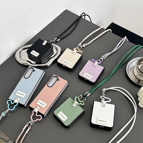 Litchi Texture Leather Crossbody Phone Case For Foldable Screen With Ring Holder Grip Long Adjustable Shoulder Strap
