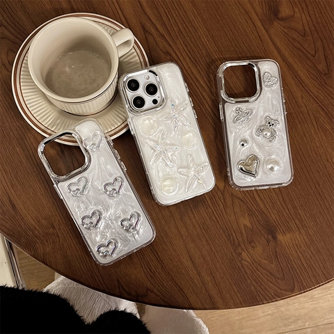 Artificial Pearl Luster Mobile Phone Case With 3D Rhinestone Bear Heart Starfish TPU Shockproof Protective Cover For Women