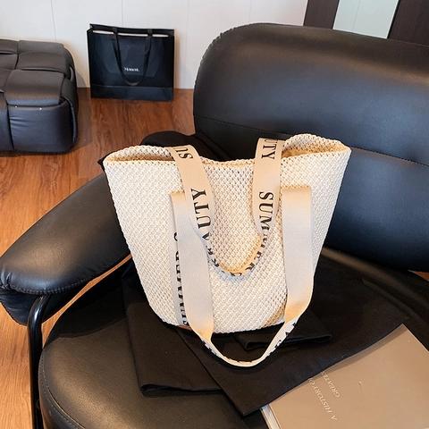 Stroh Weben Tote Bag Frauen Große Kapazität Handtasche Mit Sommer Schönheit Brief Druck Segeltuch Gurte Strand Urlaub Stil