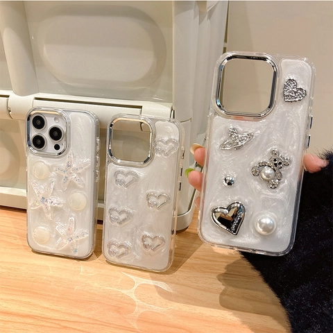 Artificial Pearl Luster Mobile Phone Case With 3D Rhinestone Bear Heart Starfish TPU Shockproof Protective Cover For Women