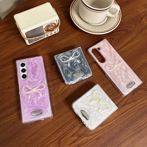 Samsung Galaxy Z Flip Fold Case Glitter Artificial Pearl Marble Texture With 3D Bow Knot Metal Logo Shockproof Protective Cover