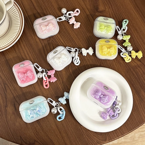 Funda Auriculares TPU Con Purpurina Y Lazo Con Dijes Cadena Perlas Artificiales Cubierta Protectora Estética Para AirPods