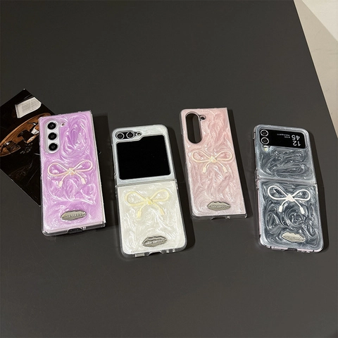 Samsung Galaxy Z Flip Fold Case Glitter Artificial Pearl Marble Texture With 3D Bow Knot Metal Logo Shockproof Protective Cover