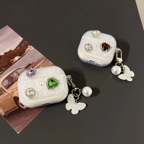 Custodia Protettiva Per Auricolari Wireless Cuore Strass Perla Artificial Arredamento Farfalla Pendente TPU Morbido Lucido Dolce