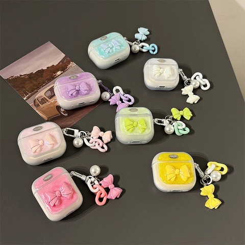 Funda Auriculares TPU Con Purpurina Y Lazo Con Dijes Cadena Perlas Artificiales Cubierta Protectora Estética Para AirPods