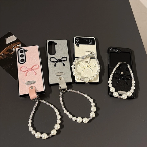 Folding Phone Case PU Leather Wrinkled Texture With Stereo Bowknot And Faux Artificial Pearl Rhinestone Hand Strap Chain Shockproof