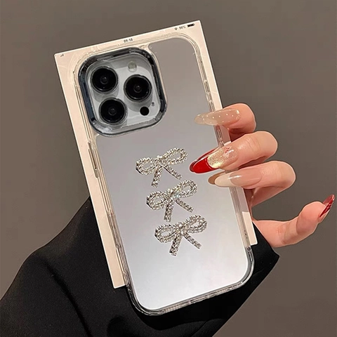 Custodia Per Telefono In TPU A Specchio Di Lusso Con Fiocco Di Strass E Catena A Mano Cover Chic Alla Moda Per Donne