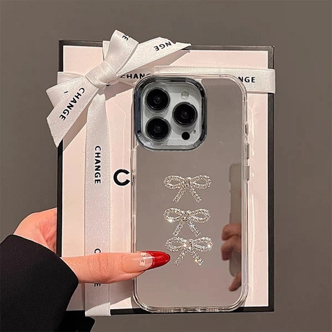 Custodia Per Telefono In TPU A Specchio Di Lusso Con Fiocco Di Strass E Catena A Mano Cover Chic Alla Moda Per Donne