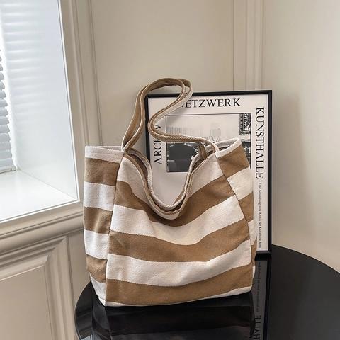Borsa Tote In Tela A Righe Grande Capacità Borsa Da Shopping Casual Per Donna Stile Coreano Versatile Design Semplice