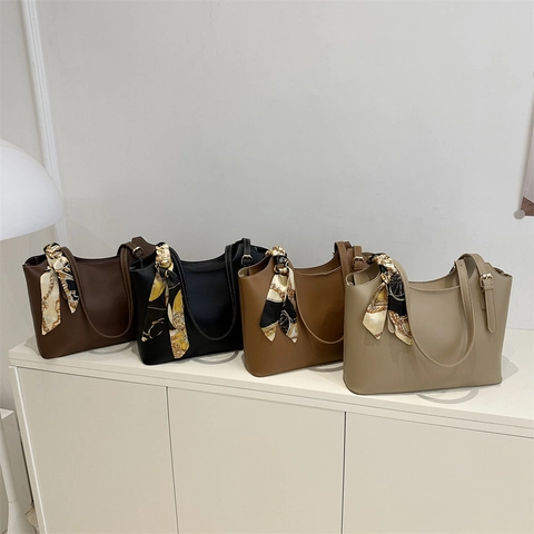 Bolso Tote Grande De Cuero PU Para Mujer Con Pañuelo Decorativo Retro Costura Minimalista Bolso De Hombro Street Style