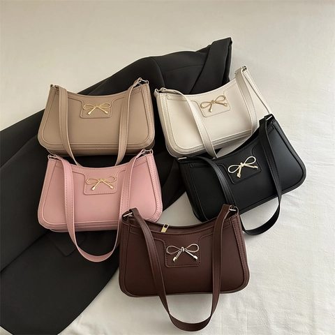 Women Underarm Baguette Bag PU Leather Metal Bow Decor Solid Color Elegant Commuting Shoulder Purse For Lady