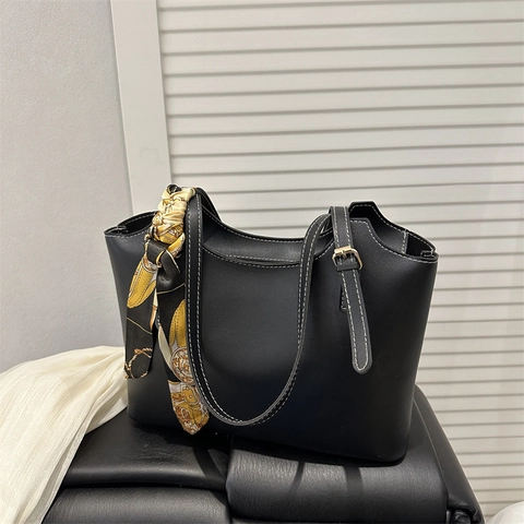 Borsa Tote da Donna in Pelle PU di Grande Capacità Borsa a Tracolla da Pendolare con Foulard in Satin Decorativo Cuciture a Contrasto
