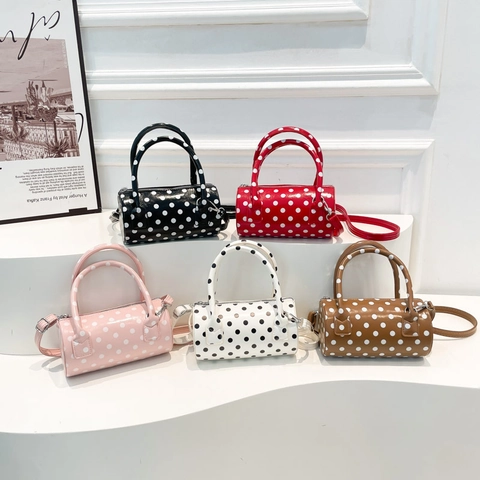 Polka Dot Cylinder Barrel Bag PU Leather Handbag Detachable Shoulder Strap Retro Trendy Boston Bag Women