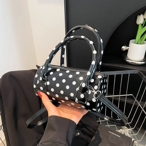 Polka Dot Cylinder Barrel Bag PU Leather Handbag Detachable Shoulder Strap Retro Trendy Boston Bag Women