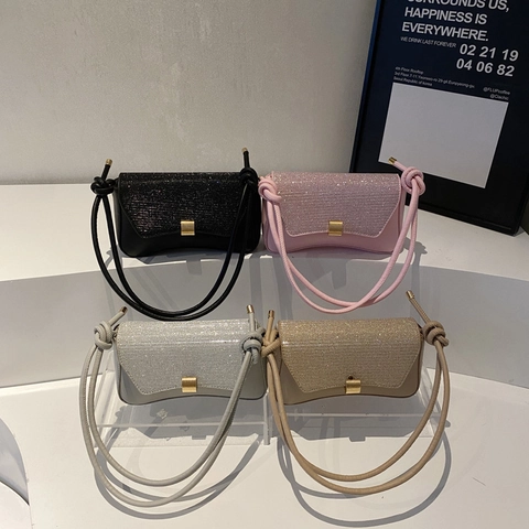 Bolso De Hombro Para Mujer Moda Cuero PU Solapa De Lentejuelas Brillantes Bolso Baguette De Axila Con Correa De Nudo Hebilla Dorada