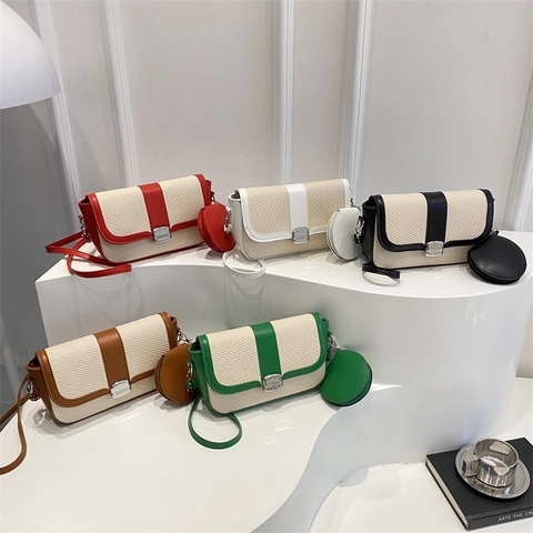 Borsa A Tracolla Donna Colori A Contrasto Pelle PU Trama Intrecciata Piccola Borsa Quadrata Con Mini Pochette Rotonda